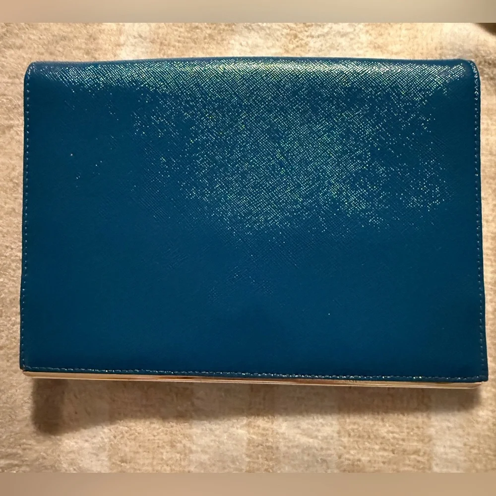 Nordstrom Halogen Peacock Blue Saffiano Leather Clutch Wallet Gold Chain Formal